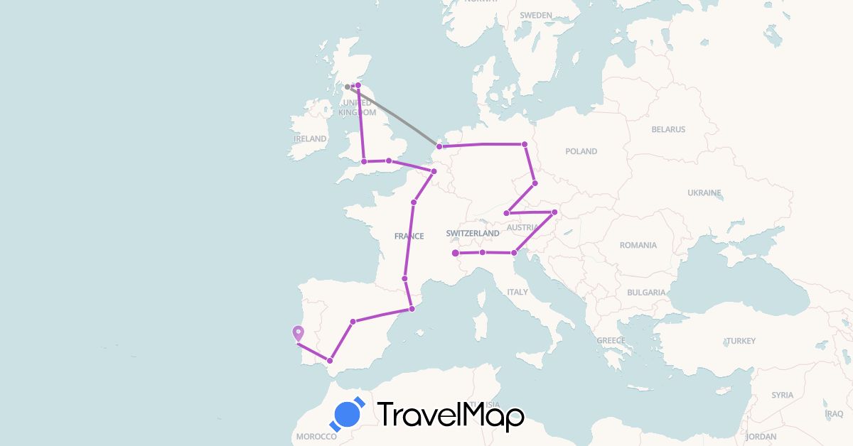 TravelMap itinerary: driving, plane, train in Austria, Belgium, Czech Republic, Germany, Spain, France, United Kingdom, Italy, Netherlands, Portugal (Europe)